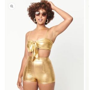 New Unique Vintage Bikini set gold stretchy retro XL